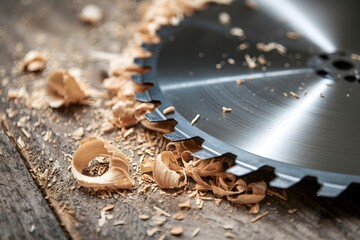 Circular saw blade resting on wood, surrounded by shavings, contrasting sharpness and rustic texture