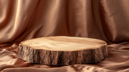 “A wooden eco rustic pine tree wood platform podium set against a brown silk fabric background. The minimalistic scene features an empty display, ideal for product presentation. 