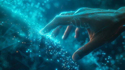 Close-up of a human hand touching a virtual glowing digital screen on a blue background. Concept of technology, future.