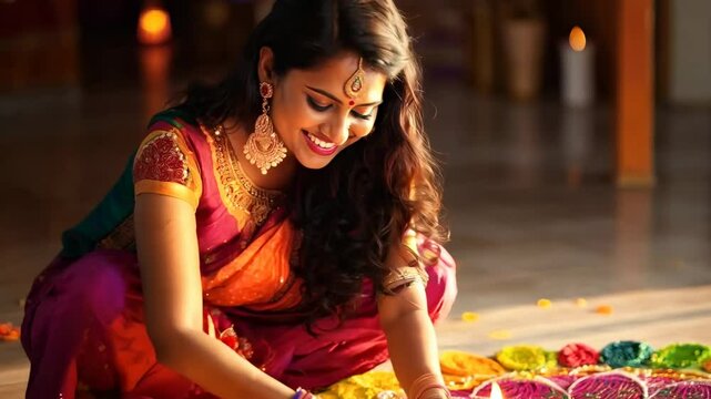 Young indian woman in colorful long saree decorating rangoli for diwali festival celebration