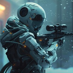 Fototapeta premium A soldier standing in snowy landscape, holding a rifle