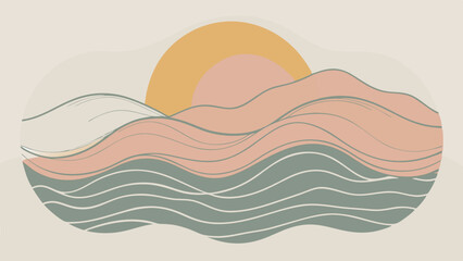 Abstract landscape with sunset over hills and waves