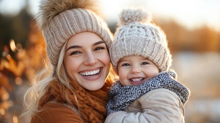 Obraz premium A mother and her child smiling warmly while wearing cozy winter hats and scarves, showcasing the joy and love of their bond, set in a beautiful outdoor winter scene.