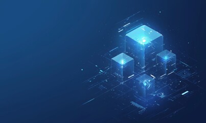 Four Cubes Connected by Lines on Dark Blue Background, Blockchain Technology Concept