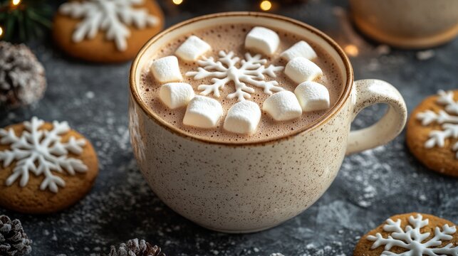 Cozy hot chocolate topped with marshmallows and decorative cookies during winter season