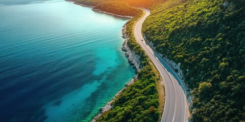 Curvy coastal road along turquoise waters in a sunlit landscape