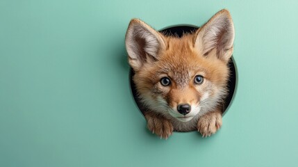 Obraz premium A cute red fox cub peeks through a hole in a light green wall.