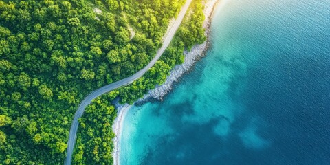 Aerial view of winding road by the coastal forest at golden hour