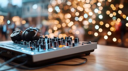 A DJ setup featuring a mixer and headphones on a wooden table, with Christmas lights and...