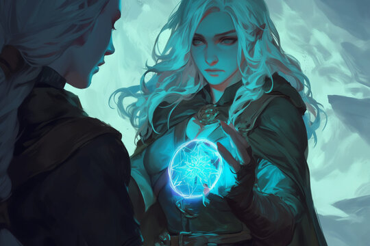 powerful elf mage wielding a glowing magical orb, sharing a moment of intense focus and connection with another figure in a mystical setting - Powered by Adobe