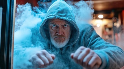 A close-up shot of an individual wearing a gray hoodie in smoky surroundings, with their fists raised as if preparing for confrontation, exuding tension and determination.