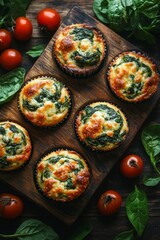 Fototapeta premium Savory spinach muffins with cherry tomatoes on a wooden board