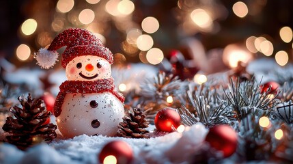 A close-up of a small snowman surrounded by Christmas decorations. The snowman, adorned with a scarf and hat, stands among festive lights, ornaments, and holly, creating a cozy holiday scene.