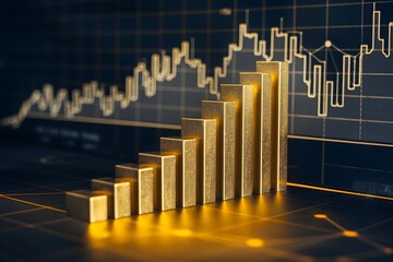 Gold bars with faint line graph on dark background, emphasizing financial trends