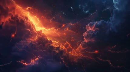Fototapeta premium Abstract cosmic landscape with swirling clouds and glowing lightning.