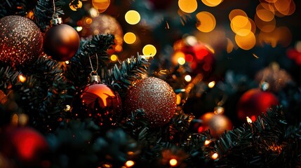 Obraz premium A red Christmas bauble hanging on a Christmas tree, with space for holiday wishes. The festive ornament shines brightly against the green branches, perfect for adding personalized messages.