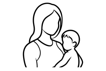 mom and baby black line art style silhouette vector illustration