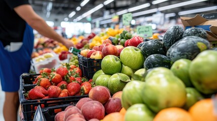 A vibrant assortment of fresh fruits and vegetables displayed on the shelves of a market, showcasing a variety of colors, textures, and natural produce for healthy living.