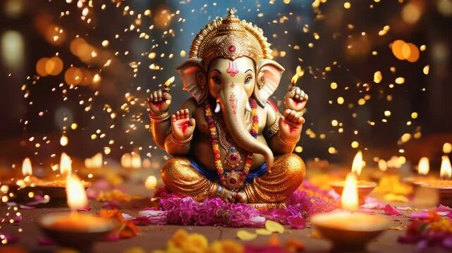 Statue of ganesha, most worshipped deities in the Hindu pantheon, on the background of blurred diwali lamps