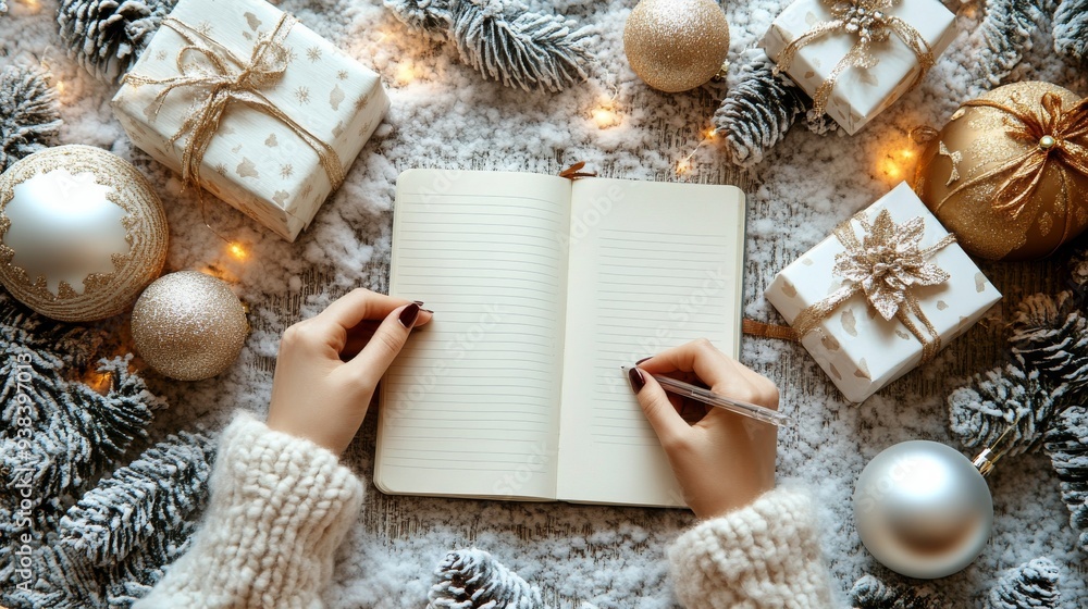 Wall mural Writing a holiday wish list surrounded by festive decorations and gifts on a snowy table