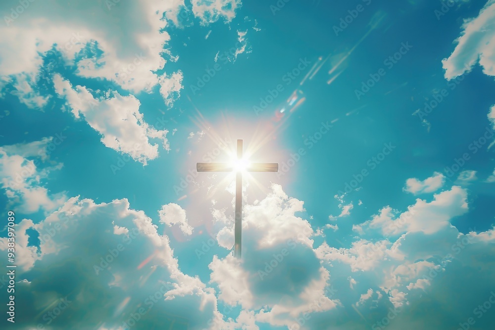 Poster A single cross hanging in the middle of a cloudy sky, simple yet striking image