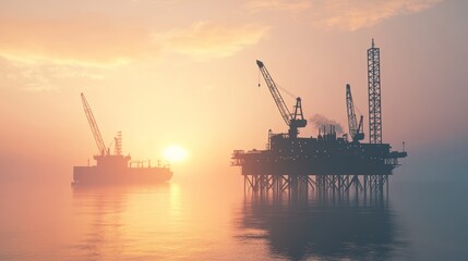 Obraz premium Oil Rig Silhouettes at Sunset