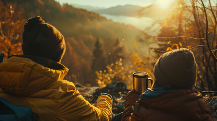 Fototapeta premium Tourists relax in nature. Close-up of a bright coffee mug on a mountain against the backdrop of sunset light. Hiking, tourism concept.
