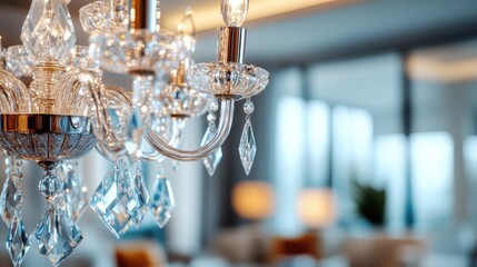 An elegant crystal chandelier featuring multiple sparkling crystals reflecting the light beautifully, adding a touch of sophistication and luxury to the environment.