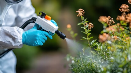Naklejka premium Close-up of an individual in protective gear spraying pesticide onto garden plants, focusing on eliminating pests and promoting plant health through diligent maintenance and care.