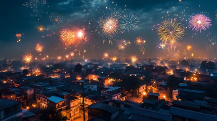 Vibrant fireworks illuminating the night sky over a dense urban landscape