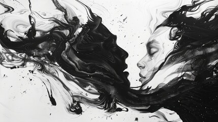 Black and white illustration couple in love abstract art romantic minimalistic background 