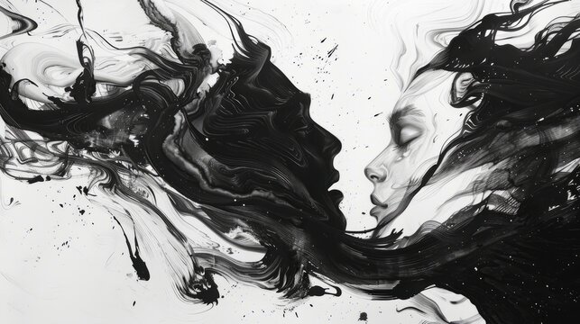 Naklejki Black and white illustration couple in love abstract art romantic minimalistic background 