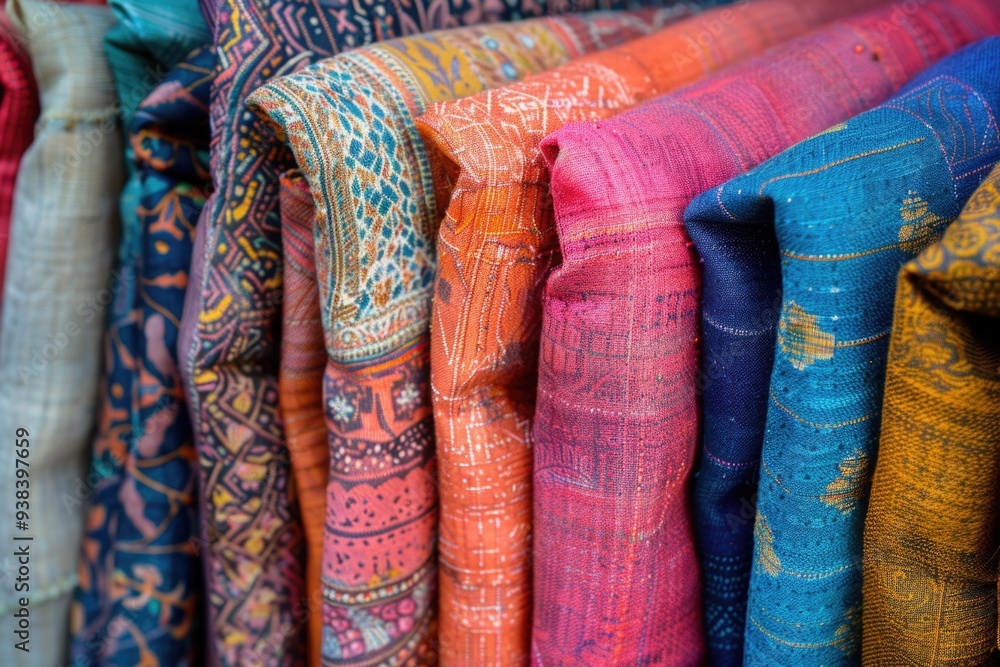 Poster A rack displaying various colorful fabrics