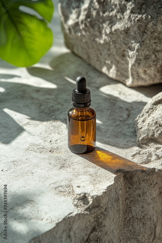 Poster Clear glass bottle with golden liquid on a stone surface by a sunlit window