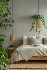 Cozy winter bedroom with white bedding and a decorated Christmas tree