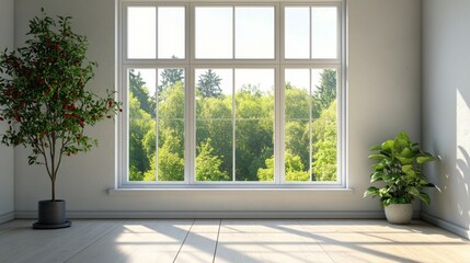 Bright interior with large windows and greenery overlooking a lush outdoor landscape