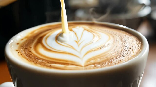 Pouring milk into coffee creating a latte art heart design