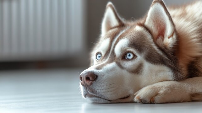 Siberian husky resting on a light floor with blue eyes - Powered by Adobe