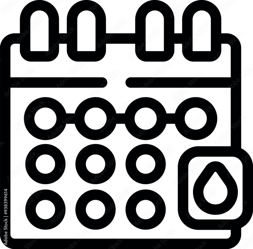 Poster line art vector icon of a monthly calendar showing the period cycle with a water drop
