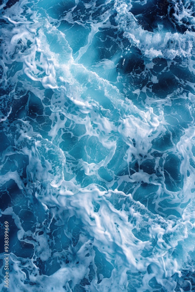 Poster a detailed view of the ocean's surface featuring rolling waves