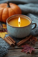 Naklejka premium Cozy autumn scene with a pumpkin, candle, cinnamon sticks, and autumn leaves