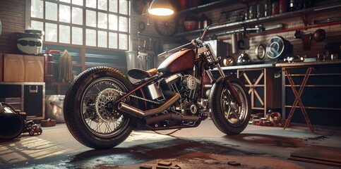 A motorcycle is parked in a garage with a lot of tools and equipment