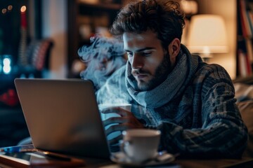 A man is sitting at a table with a laptop and a cup of coffee