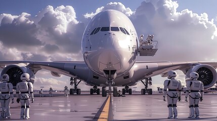 White airplane on the runway with robot passengers.