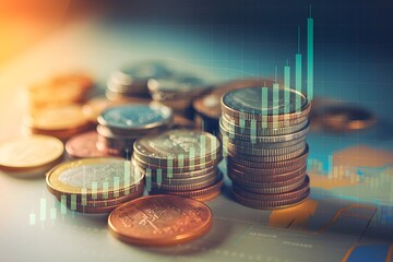 Stacked coins with digital bar chart overlay, fluctuating values, warm blue orange hues