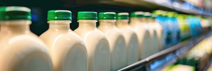 Bottles of fresh cow's milk with green caps showcased in a refrigerated section of a grocery store's dairy area