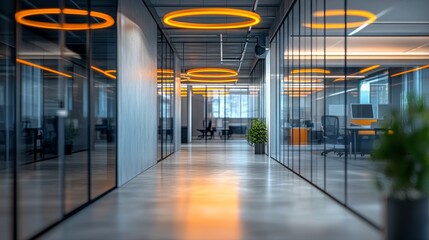 Sunset glowing through office corridor windows in modern workspace