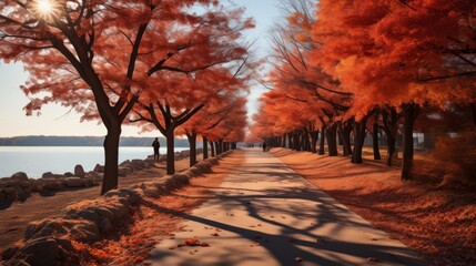 Nice pathway in autumn colors, lined with trees displaying vibrant red, orange, and yellow leaves