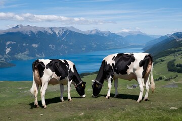 Two black and white cows graze on green hill, overlooking blue lake, clear sky