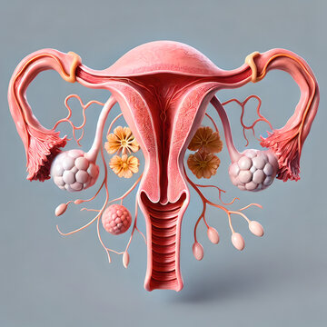 Detailed anatomy female reproductive system, highlighting uterus, ovaries, fallopian tubes, vagina, including endometrium, myometrium, perimetrium, along with the ovarian follicles at various stages.